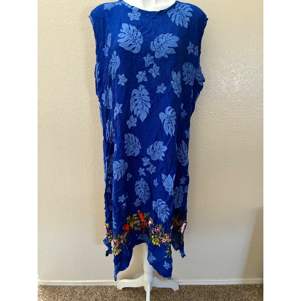 Bali Chic Women 3X Blue Tropical Floral Parrot Rayon Sleeveless Midi Dress NWT
